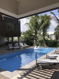 - une piscine avec chaises longues et un complexe dans l'établissement Montecrista Appart moderne et cosy, 1 chambre à 2 min plage Pereybere, à Pereybere
