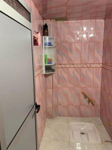 a pink bathroom with a shower with a toilet at Logement entier appartement Chez Mehdi in Fez