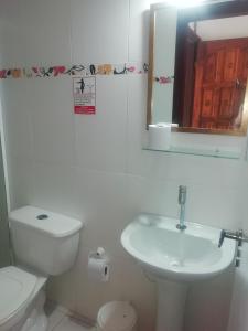 薩爾瓦多的住宿－紅河旅館，白色的浴室设有卫生间和水槽。