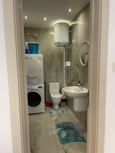 a bathroom with a toilet sink and a washing machine at Maranello Court, Apartment 1 in Marsaxlokk