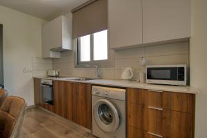 uma cozinha com uma máquina de lavar roupa e um micro-ondas em Phaedrus Living Coral Suites Harmony em Lárnaca