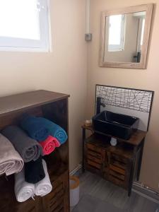 a bathroom with a sink and a mirror at Maison charmante à Cayeux-sur-Mer avec jardin privatif in Cayeux-sur-Mer