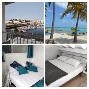 un collage de cuatro fotos de un dormitorio y una playa en tee coco marine, en Saint-François