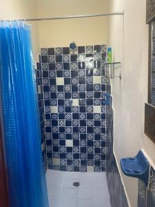 y baño con ducha y azulejos azules y blancos. en Casa Gutiérrez, en Teotitlán del Valle