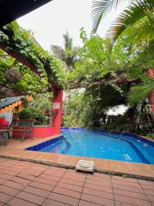 a small swimming pool in a yard with trees at Hotel Centro Villarrica in Villarrica
