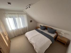 ein Schlafzimmer mit einem Bett mit blauen Kissen und einem Fenster in der Unterkunft Seeperle in Uhldingen-Mühlhofen
