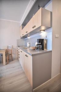 a kitchen with white cabinets and a counter top at Apartamenty na Wyspie - Apartamenty Pegaz - 250 m od Promenady in Świnoujście
