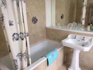 een badkamer met een wastafel, een bad en een douchegordijn bij Upper Court in Kemerton
