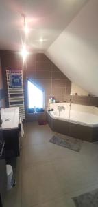uma grande casa de banho com um lavatório e uma banheira em Chez manu em Voellerdingen