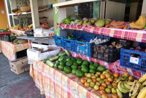 una exposición de frutas y hortalizas en un mercado en tee coco marine, en Saint-François