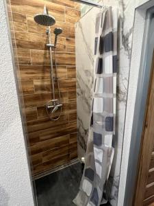 y baño con ducha y pared de madera. en Apartmán Námestie Slobody, en Ružomberok