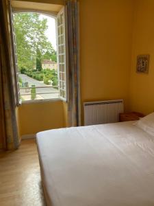 sypialnia z białym łóżkiem i dużym oknem w obiekcie Hôtel Chez Léonie - Chez Mamie Canne w mieście Eugénie-les-Bains