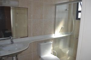 La salle de bains est pourvue de toilettes, d'un lavabo et d'un miroir. dans l'établissement Hotel Canto do Atlântico, à Guarujá
