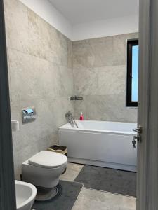 La salle de bains est pourvue d'une baignoire, de toilettes et d'un lavabo. dans l'établissement Casacris Studio Carnabel SRL, à Cîmpineanca