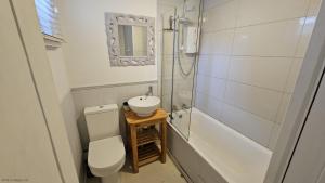 une salle de bain avec toilettes, lavabo et douche dans l'établissement Beach Hill Cottage, à Portloe 24 autres photos
