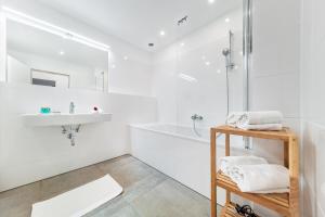 La salle de bains blanche est pourvue d'une douche et d'un lavabo. dans l'établissement Smile Apartments Döbling, à Vienne