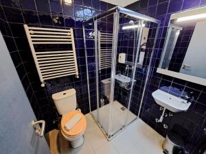 La salle de bains est pourvue de carrelage bleu, de toilettes et d'un lavabo. dans l'établissement Sardines and Friends Hostel 06, à Póvoa de Varzim