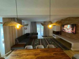 a conference room with a tv and some chairs at Voronet Retreat in Voronet