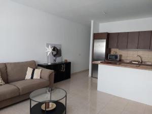 a living room with a couch and a kitchen at Mi isla bonita in Arrecife +29 photos