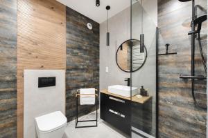 a bathroom with a toilet and a sink and a mirror at Spacious and modern Apartment Lwowska, close to Kazimierz in Krakow
