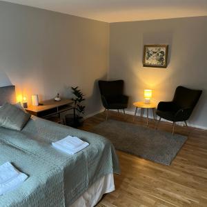 een slaapkamer met een bed en 2 stoelen en een tafel bij Bergsgården Hotell & Konferens in Bergsgården