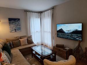 sala de estar con sofá y TV de pantalla plana en Cerler-Prados de Velarta C2 8 -vistas panorámicas, en Cerler