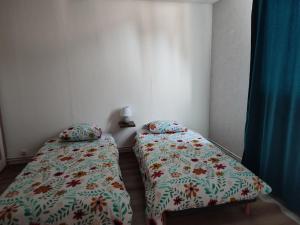 a bedroom with two beds with pillows on them at Maison pour 6 personnes in Lassicourt