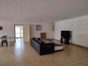 a living room with a black couch and a television at Maison pour 6 personnes in Lassicourt
