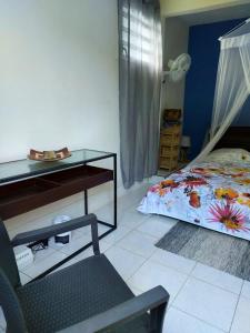 a bedroom with a bed and a desk and a chair at Appartement d'une chambre avec jardin clos et wifi a La Trinite in La Trinité