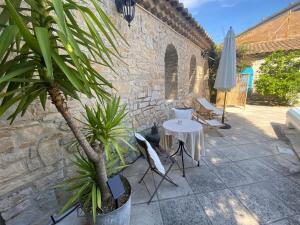a patio with a white table and a palm tree at Le Patio aux Oiseaux in La Ciotat