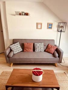 a living room with a couch and a table at Charmant logement centre vichy in Vichy