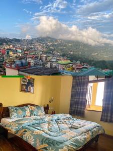 a bedroom with a bed and a view of a city at King Thai Hotel and Restaurant in Kalimpong