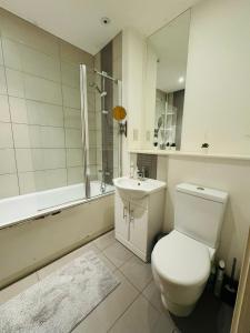 a bathroom with a toilet and a sink and a shower at studio flat in streatham in London