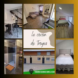 een collage van foto's van een slaapkamer en een huis bij cocoon of Troyes secure parking included in Troyes