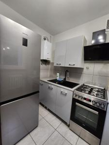 a kitchen with stainless steel appliances and white cabinets at Słoneczny apartament 2 in Duszniki Zdrój