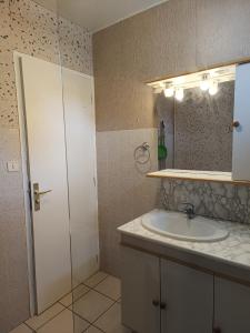 een badkamer met een wastafel en een spiegel bij Gîte 6-7 personnes pont de braye in Chastanier