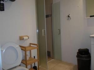 a bathroom with a toilet and a glass shower door at Les Colombes de la Baie du Mont Saint-Michel in Aucey-la-Plaine