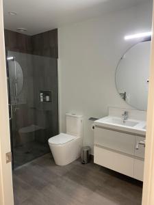 a bathroom with a shower and a toilet and a sink at Beckford House in Methven