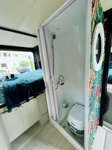 uma pequena casa de banho com WC num trailer em On Road- feel freedom with campervan! em El Guincho
