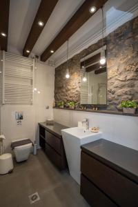 een badkamer met een wastafel, een toilet en een spiegel bij Archhouse in Kalabaka