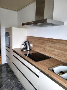 een keuken met een wastafel en een fornuis top oven bij schöne, modernisierte Wohnung - Dudweiler in Saarbrücken