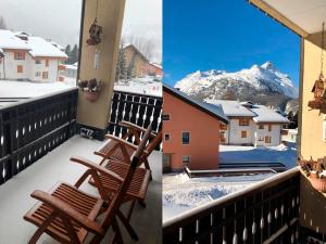 2 Bilder von einem Balkon mit schneebedeckten Bergen in der Unterkunft Apartment Residenza Chesa Margun 14-5 by Interhome in Surlej