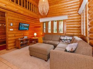 a living room with a couch and a tv in a log cabin at Holiday Home Purnutar b by Interhome in Kolinkylä