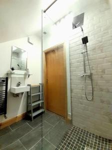 une salle de bain avec douche et lavabo dans l'établissement Serenity Lodge, à Donagh 17 autres photos