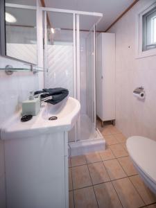 y baño con lavabo, ducha y aseo. en Chalet Jagershut K 6 op park Mooi Oavelt., en Havelte