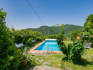 a swimming pool in a yard with mountains in the background at Holiday Home Allodola by Interhome in Scopeti