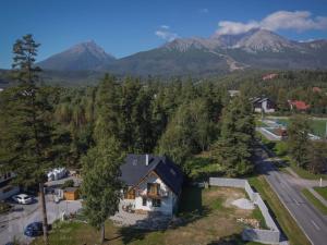 an aerial view of a house with mountains in the background at Chalet Deer Trail Tatranská Lomnica in Vysoke Tatry - Tatranska Lomnica.