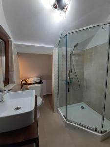 a bathroom with a glass shower and a sink at R-House in Braşov