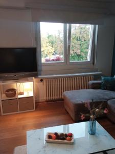 a living room with a couch and a large window at Rare à Colmar - Appartement Champ de Mars vue sur Parc - 70m2 - 2 chambres in Colmar