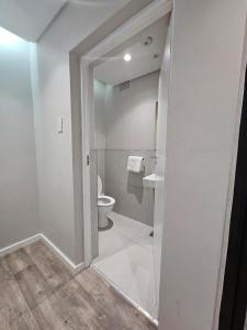 a white bathroom with a toilet and a sink at Going Places Bed & Breakfast in East London